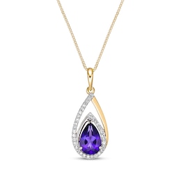 Pear-Shaped Amethyst & Diamond Teardrop Necklace 1/6 ct tw 10K Yellow Gold 18&quot;