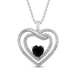 Heart-Shaped Black Onyx & White Lab-Created Sapphire Open Heart Necklace Sterling Silver 18&quot;