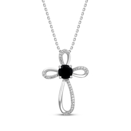 Black Onyx & White Lab-Created Sapphire Cross Necklace Sterling Silver 18&quot;