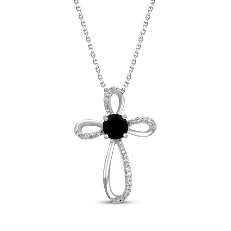 Main Image 1 of Black Onyx & White Lab-Created Sapphire Cross Necklace Sterling Silver 18&quot;