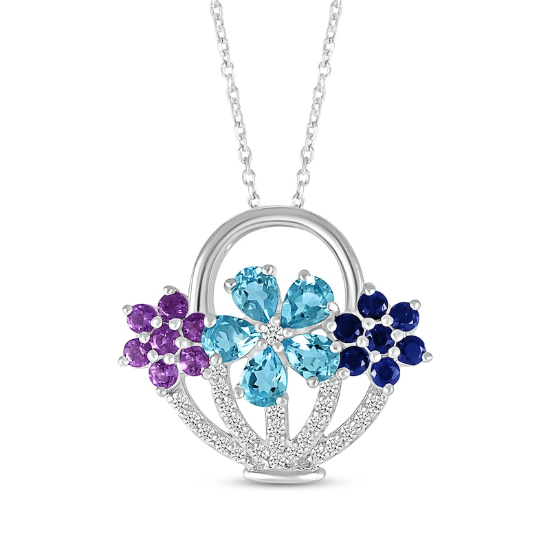 Main Image 1 of Pear-Shaped Swiss Blue Topaz, Amethyst, Blue & White Lab-Created Sapphire Flower Basket Necklace Sterling Silver 18&quot;