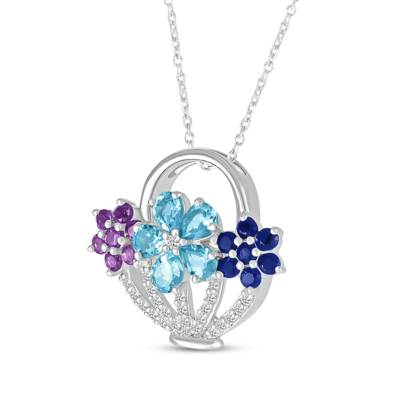 Main Image 2 of Pear-Shaped Swiss Blue Topaz, Amethyst, Blue & White Lab-Created Sapphire Flower Basket Necklace Sterling Silver 18&quot;