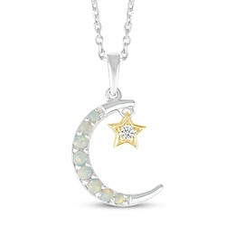 Lab-Created Opal & White Lab-Created Sapphire Crescent Moon Necklace Sterling Silver & 10K Yellow Gold 18&quot;