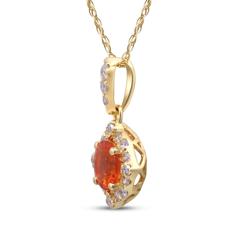 Fire Opal & Diamond Halo Necklace 1/6 ct tw 10K Yellow Gold 18"