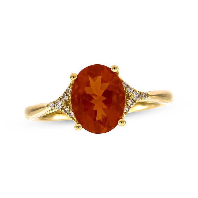 Main Image 1 of Oval-Cut Mexican Fire Opal & Diamond Chevron Sides Ring 1/20 ct tw 10K Yellow Gold