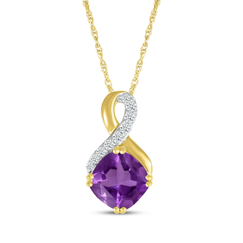 Main Image 1 of Cushion-Cut Amethyst & Diamond Swirl Necklace 1/15 ct tw 10K Yellow Gold 18&quot;