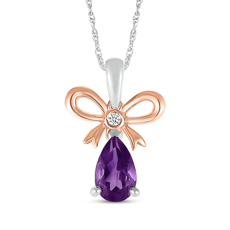 Main Image 1 of Pear-Shaped Amethyst & White Lab-Created Sapphire Bow Necklace Sterling Silver & 10K Rose Gold 18&quot;