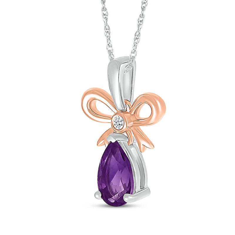 Main Image 2 of Pear-Shaped Amethyst & White Lab-Created Sapphire Bow Necklace Sterling Silver & 10K Rose Gold 18&quot;