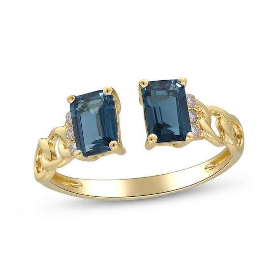 Emerald-Cut London Blue Topaz & Diamond Deconstructed Chain Link Ring 1/15 ct tw 10K Yellow Gold