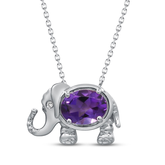 Oval-Cut Amethyst & Diamond Accent Elephant Necklace Sterling Silver 18"