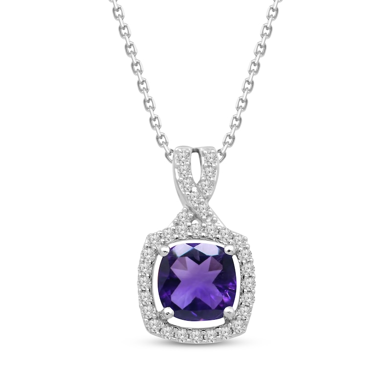 Main Image 1 of Cushion-Cut Amethyst & White Lab-Created Sapphire Halo Necklace Sterling Silver 18&quot;