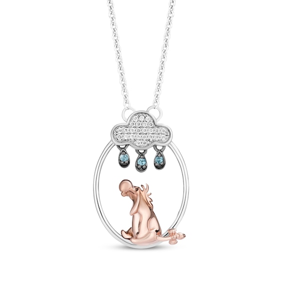 Disney Treasures Winnie the Pooh "Eeyore" Blue Topaz & Diamond Necklace 1/20 ct tw Sterling Silver & 10K Rose Gold 19"