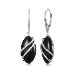 Marquise-Cut Black Agate & White Lab-Created Sapphire Drop Earrings Sterling Silver