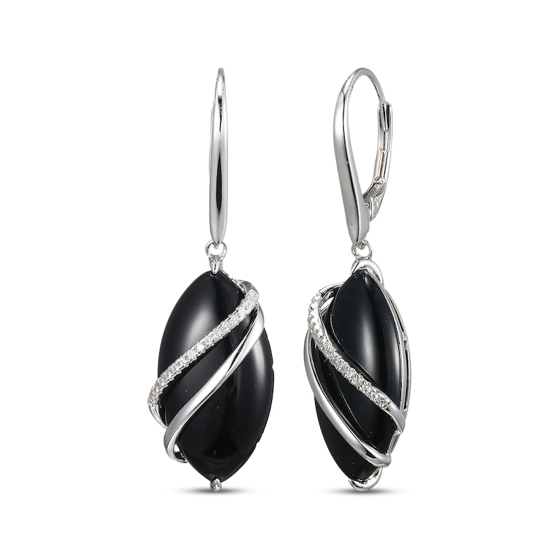 Main Image 1 of Marquise-Cut Black Agate & White Lab-Created Sapphire Drop Earrings Sterling Silver