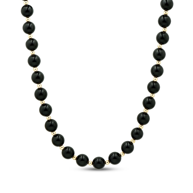 Black Onyx Bead Necklace 14K Yellow Gold 17"