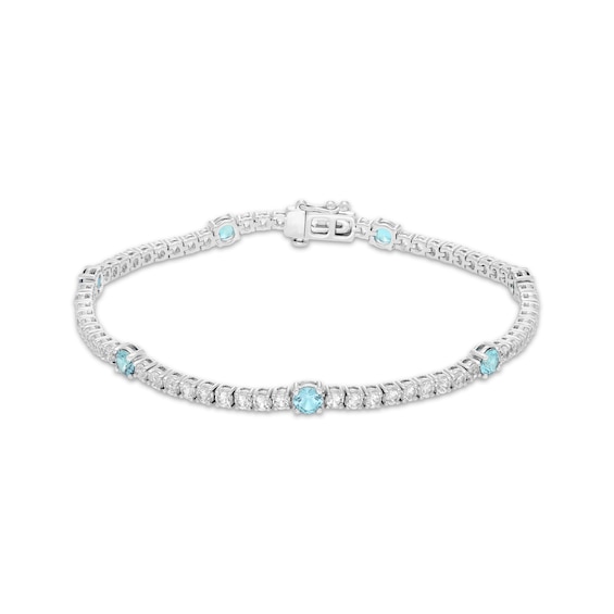 Aquamarine & White Lab-Created Sapphire Line Bracelet Sterling Silver 7.25"