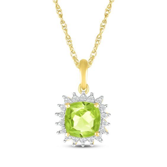 Cushion-Cut Peridot & Diamond Starburst Halo Necklace 1/20 ct tw 10K Yellow Gold 18"