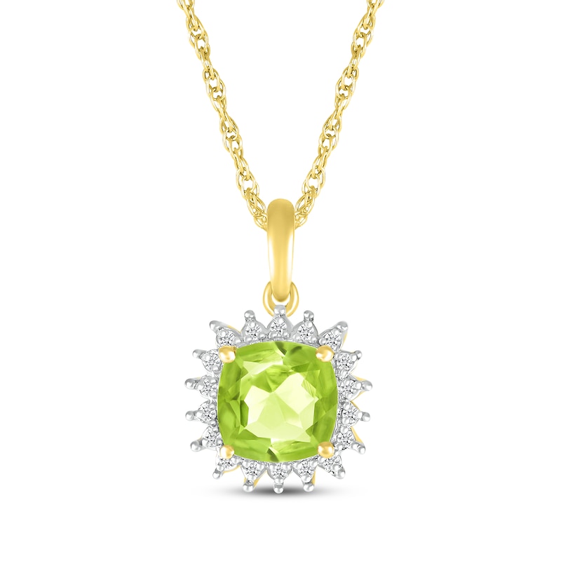 Main Image 1 of Cushion-Cut Peridot & Diamond Starburst Halo Necklace 1/20 ct tw 10K Yellow Gold 18&quot;