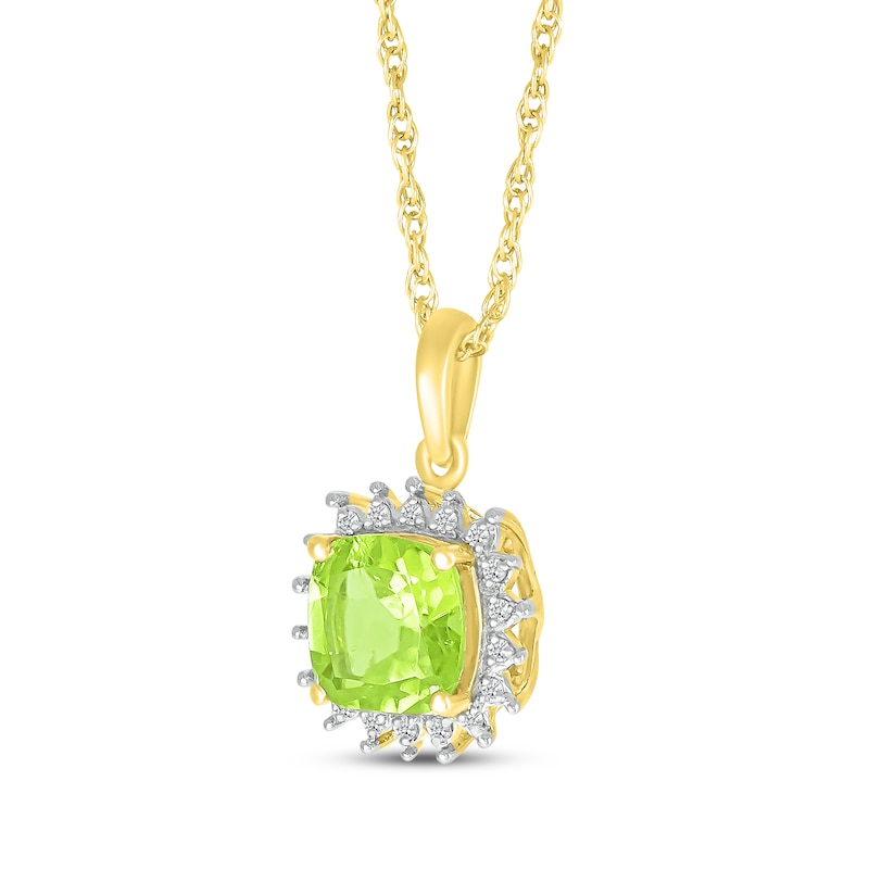 Main Image 2 of Cushion-Cut Peridot & Diamond Starburst Halo Necklace 1/20 ct tw 10K Yellow Gold 18&quot;