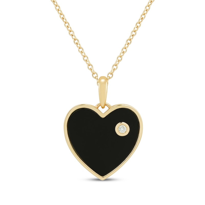 Main Image 1 of Black Onyx & Diamond Accent Heart Necklace 10K Yellow Gold 18&quot;