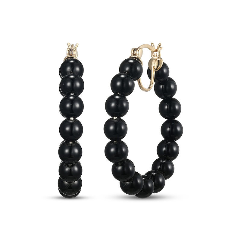 Main Image 1 of Black Agate Bead Hoop Earrings 40mm Sterling Silver with 10K Yellow Gold Plate