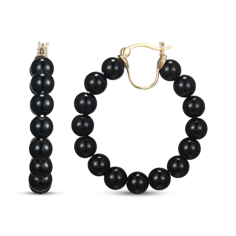 Main Image 3 of Black Agate Bead Hoop Earrings 40mm Sterling Silver with 10K Yellow Gold Plate