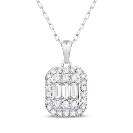 Baguette & Round-Cut Multi-Diamond Octagon Halo Necklace 1/2 ct tw 10K White Gold 18"