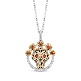 Disney Treasures Coco Garnet & Diamond Sugar Skull Necklace 1/15 ct tw Sterling Silver & 10K Yellow Gold 19&quot;