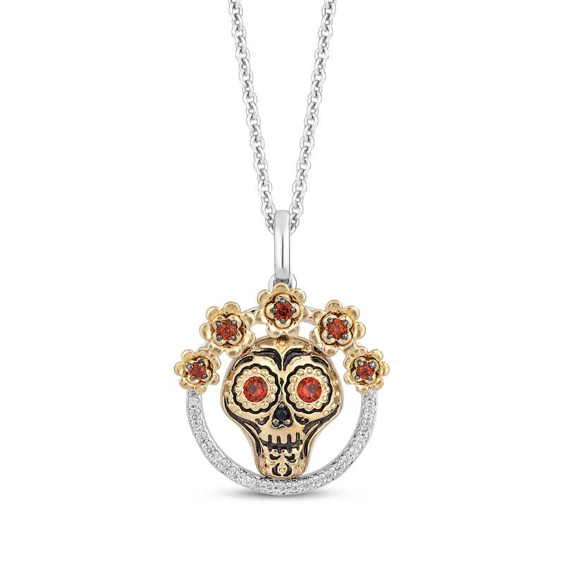 Main Image 1 of Disney Treasures Coco Garnet & Diamond Sugar Skull Necklace 1/15 ct tw Sterling Silver & 10K Yellow Gold 19&quot;