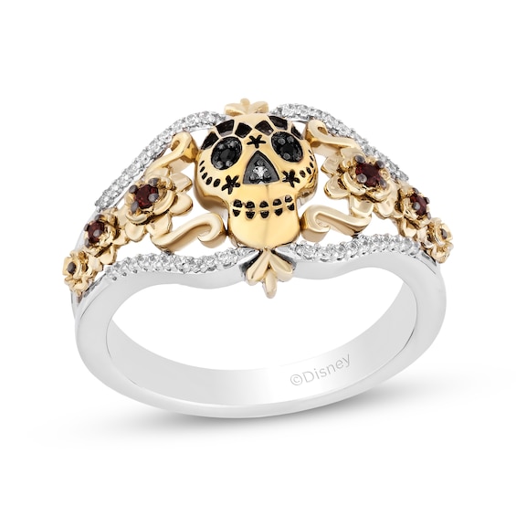 Disney Treasures Coco Garnet, Black & White Diamond Skull Ring 1/10 ct tw Sterling Silver & 10K Yellow Gold