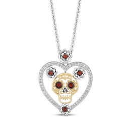Disney Treasures Coco Garnet & Diamond Sugar Skull Necklace 1/8 ct tw Sterling Silver & 10K Yellow Gold 19&quot;