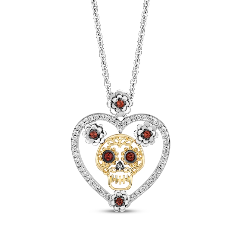 Disney Treasures Coco Garnet & Diamond Sugar Skull Necklace 1/8 ct tw Sterling Silver & 10K Yellow Gold 19"