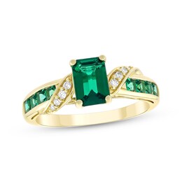 Emerald-Cut & Square-Cut Lab-Created Emerald & Diamond Ring 1/20 ct tw 10K Yellow Gold