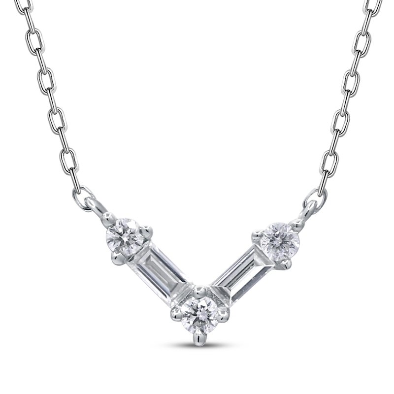 Main Image 1 of Baguette & Round-Cut Diamond Chevron Necklace 1/6 ct tw Sterling Silver 18&quot;