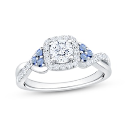 Now + Forever Round-Cut Diamond & Natural Blue Sapphire Engagement Ring 3/4 ct tw 14K White Gold