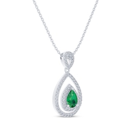 Pear-Shaped Lab-Created Emerald & White Lab-Created Sapphire Teardrop Necklace Sterling Silver 18&quot;