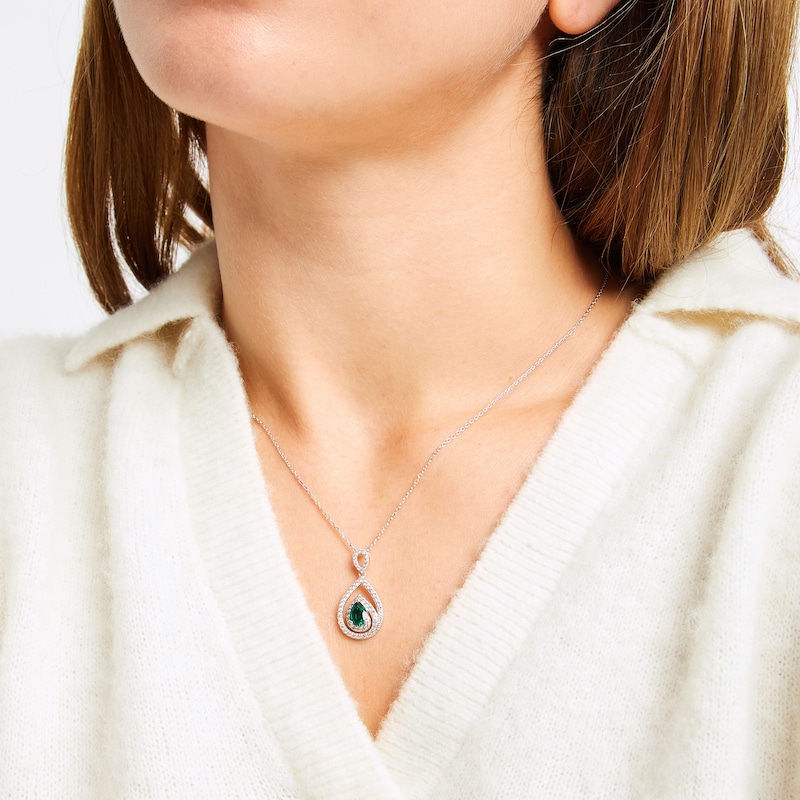 Pear-Shaped Lab-Created Emerald & White Lab-Created Sapphire Teardrop Necklace Sterling Silver 18"