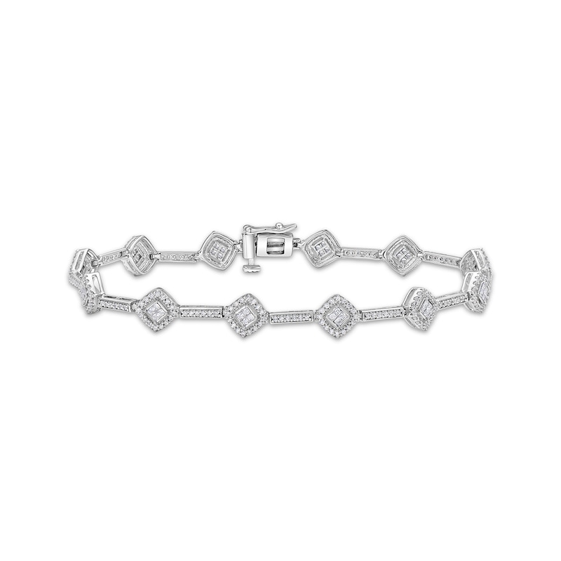 Main Image 1 of Princess & Round-Cut Diamond Cushion-Link Bracelet 1-1/2 ct tw 10K White Gold 7.25&quot;