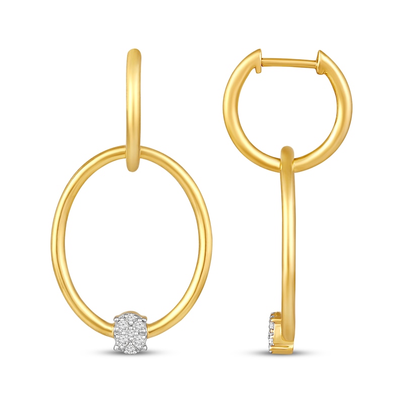 Main Image 3 of Multi-Diamond Convertible Oval & Round Hoop Drop Earrings 1/10 ct tw 10K Yellow Gold