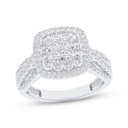 Now + Forever Princess-Cut Quad Diamond Double Cushion Halo Engagement Ring 1 ct tw 14K White Gold