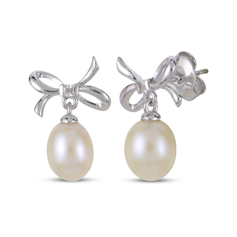 Main Image 1 of Cultured Pearl & White Lab-Created Sapphire Bow Dangle Earrings Sterling Silver