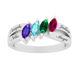 Angled Marquise Birthstone Family & Mother's Double Shank Ring (2-4 Stones and Lines)