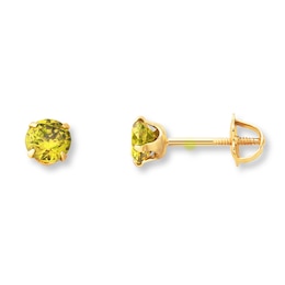 Children's Stud Earrings Green Cubic Zirconia 14K Yellow Gold