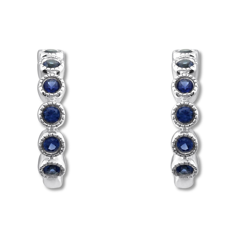 Main Image 1 of Lab-Created Sapphire Hoop Earrings Bezel-set 10K White Gold