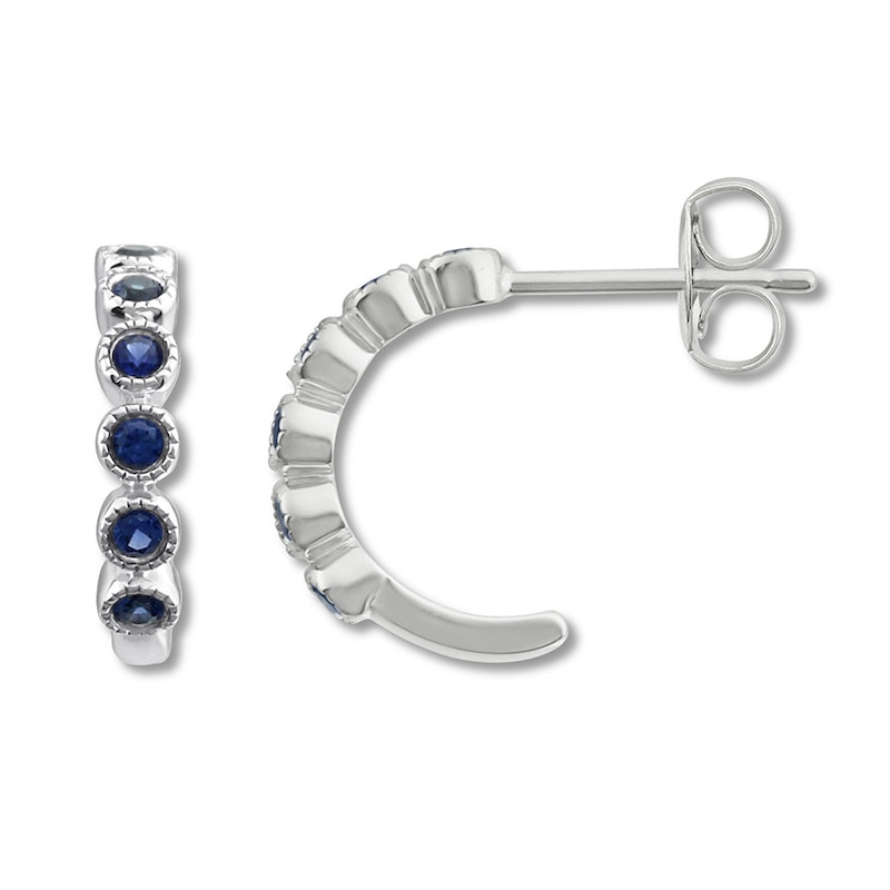 Main Image 2 of Lab-Created Sapphire Hoop Earrings Bezel-set 10K White Gold