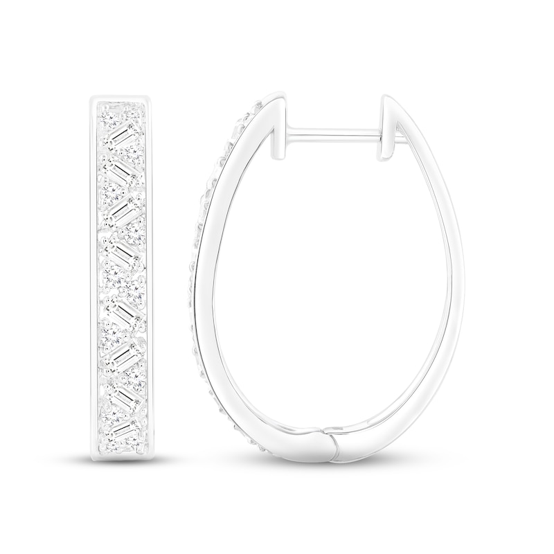 Main Image 1 of Diamond Hoop Earrings 1/2 ct tw Baguette & Round-cut 10K White Gold