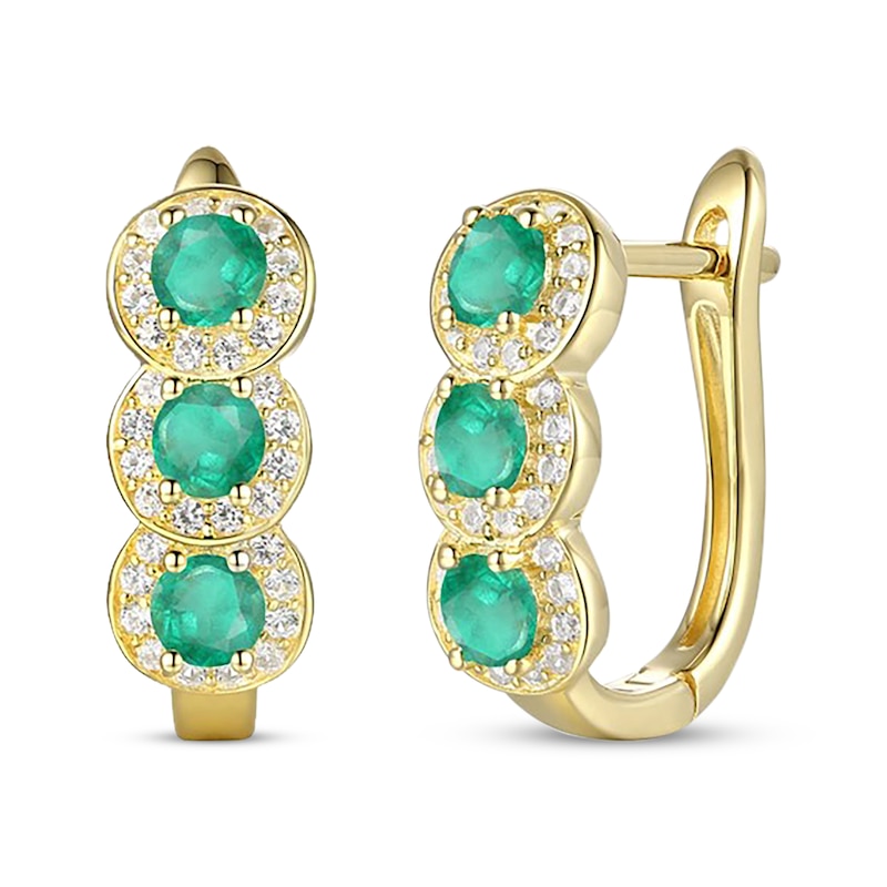 Main Image 1 of Round-Cut Emerald & Diamond Hoop Earrings 1/4 ct tw 10K Yellow Gold