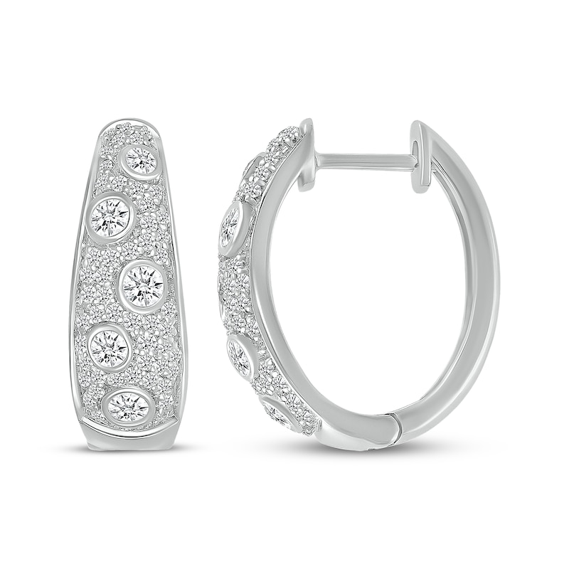 Main Image 3 of Diamond Cobblestone Oval Hoop Earrings 1 ct tw 10K White Gold