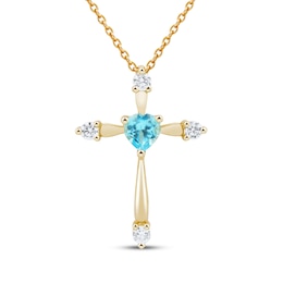 Heart-Shaped Natural Swiss Blue Topaz & Diamond Cross Necklace 1/10 ct tw 10K Yellow Gold 18&quot;