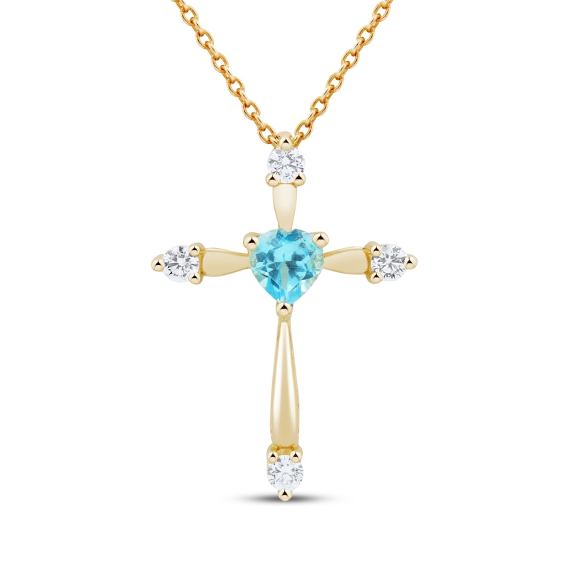 Main Image 1 of Heart-Shaped Natural Swiss Blue Topaz & Diamond Cross Necklace 1/10 ct tw 10K Yellow Gold 18&quot;